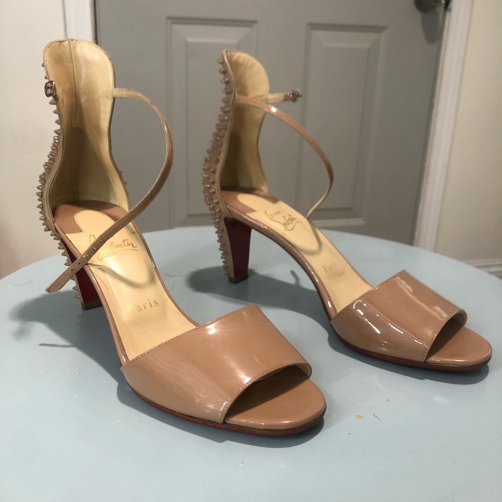 Christian Louboutin Nude Patent Leather Stud-Back Ankle Strap Sandals